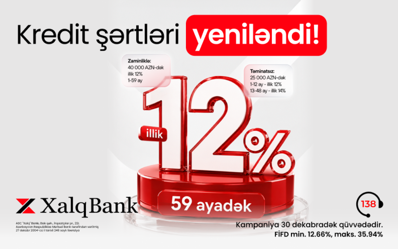 "Xalq Bank" nağd pul kreditinin şərtlərini yenilədi